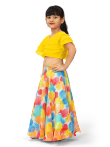 Conjunto de Lehenga Largo con Estampado Digital Multicolor y Volantes de Georgette Amarillo para Niñas, Marca Shoryam, para Fiestas, Todas las Temporadas - Product Image 3