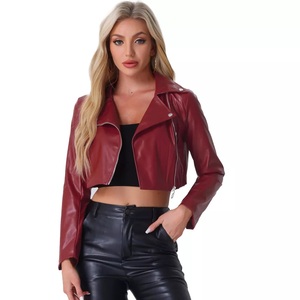 Women's Faux Leather Long Sleeve Zipper Up Moto Cropped <b>Jacket</b> Faux Leather Crop Stand Collar Zipper Front Moto Biker <b>Jackets</b> - Product Image 1