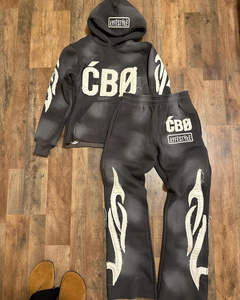 Ensemble de jogging décontracté personnalisable 500 GSM effet vieilli avec sweat à capuche et pantalon de survêtement assorti 100% coton motif uni hiver - Product Image 4