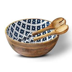 Juego de ensalada con pegatina de cuenco de madera de acacia esmalte impreso diseño moderno cuenco para servir y frutero para utensilios de cocina hechos a mano - Product Image 2