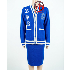 Ensembles de pulls et jupes en acrylique 100% tricoté pour femmes de la sororité ZPB, Divine Nine Zeta Phi Beta, bleu et blanc, ensembles de robes cardigan - Product Image 5