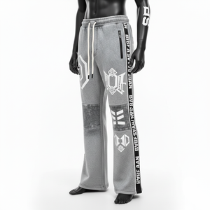 กางเกงฟลีซทรงบานผ้าฝ้ายผสมโพลีเอสเตอร์พรีเมียม สีเทา ดีไซน์แผงสี  โลโก้แบบรีดร้อน  ชุดกีฬาแบบกำหนดเอง กางเกงฟลีซทรงบานสำหรับผู้ชาย - Product Image 4