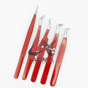 Pinzas de extensión de pestañas de acero inoxidable con recubrimiento de polvo rojo de alta calidad, herramienta de pestañas de aislamiento de etiqueta privada sostenible puntiaguda - Product Image 4