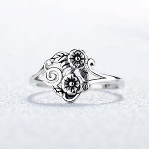 Platinum-Infused Sterling <b>Silver</b> Wild Flower <b>Ring</b> <b>Adjustable</b> Size with Rhodium Plating Artisan Bezel Setting - Product Image 2
