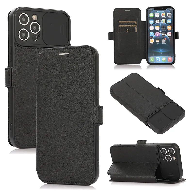 Casing Ponsel Pelindung Kamera Geser Casing Dompet Ponsel Slot Kartu Kulit PU Flip untuk iPhone 14 Pro Max