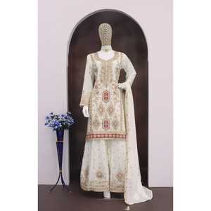 NUEVO Conjunto de Salwar Kameez Semi-Confeccionado de 3 Piezas para Mujer, Ropa de Fiesta, Reversible, Moderno, Mangas de Georgette Pesada con Estampado de Zorro - Product Image 1