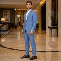 Costume homme en chambray bleu clair, non structuré, simple boutonnage, poches plaquées, costumes d'affaires d'été pour homme, sur mesure MTM