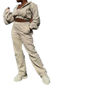 Sweat à capuche et pantalon droit en molleton 100 % coton pour femme, style vintage, effet vieilli, avec broderie zippée, motif uni, séchage rapide - Product Image 3