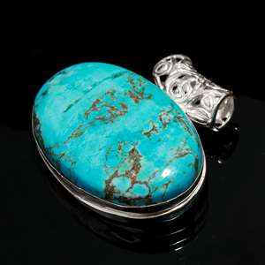 Turquoise Pendentif Pierre Précieuse Pendentif Bijoux Allemand Argent Forme Ovale Bleu Vintage Design DIY Lunette Turquoise Pendentif - Product Image 4