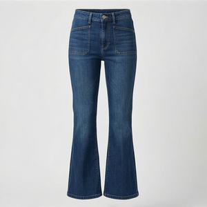 Jeans évasés taille haute, couleur personnalisée, denim extensible, coupe slim, bootcut, poches plaquées sur le devant, jeans tendance pour femmes, look vintage, pantalon - Product Image 1