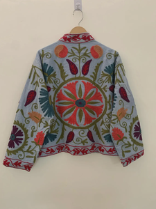 Veste courte en coton gris bohème, broderie florale estivale, pardessus Suzani, veste bohème pour demoiselle d'honneur - Product Image 3