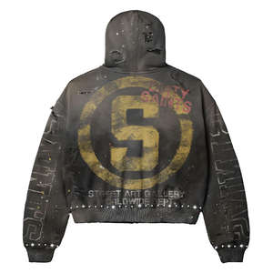 Conjunto de Sudadera con Capucha y Pantalones Deportivos con Estampado DTG, Diseño Desgastado y Decolorado por el Sol, con Pedrería y Cremallera - Product Image 4