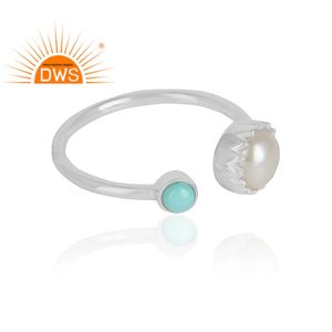 Hot Selling 925 Sterling Silver Natural Pearl & Arizona <b>Turquoise</b> Gemstone Stackable <b>Ring</b> Custom Jewelry Manufacturer - Product Image 2