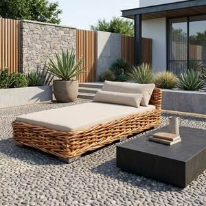 Natural <b>Rattan</b> Woven Sun Lounger Mahogany Frame Daphnie Cushion Pool <b>Daybed</b> Outdoor Deck Chair Setup Decor Art Pure Design - Product Image 4