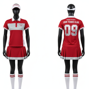 Uniforme de tennis pour femmes en polyester de qualité supérieure, respirant et anti-humidité, chemise polo rayée bleu marine et jaune, jupe plissée, logo personnalisé par sublimation - Product Image 6