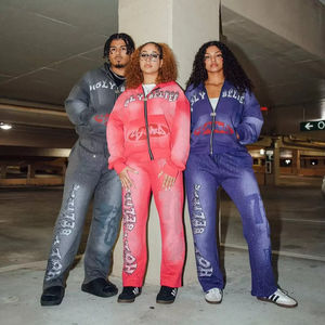 ชุดฮู้ดดี้ซิปผู้ชายผ้าฝ้ายหนาแบบวินเทจฟอกสีซีด พร้อมบริการสกรีนลายตามสั่ง ชุดสเวตสูทผ้าหนาประดับคริสตัล - Product Image 1