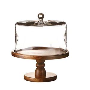 Antique Acacia wood <b>cake</b> <b>stand</b> with <b>glass</b> lid - Product Image 1