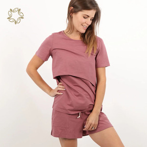 Pyjama de <span class=keywords><strong>grossesse</strong></span> à manches courtes pour femmes, vêtements de nuit d'allaitement, vêtements de maternité durables, en coton biologique - Product Image 1