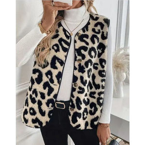 Chaleco de Forro Polar con Estampado de Leopardo para Mujer, Talla Grande, con Botones, Logotipo Vintage, Ropa Exterior para Primavera, Invierno y Otoño, Tejido de Algodón - Product Image 1