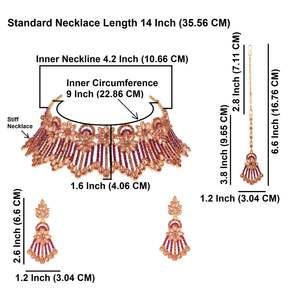 Indian Jewellery Manufacturers Gold Plated <b>Crystal</b> Choker <b>Necklace</b> Dangle Earring Mang Tikka Set, Pink - Product Image 4