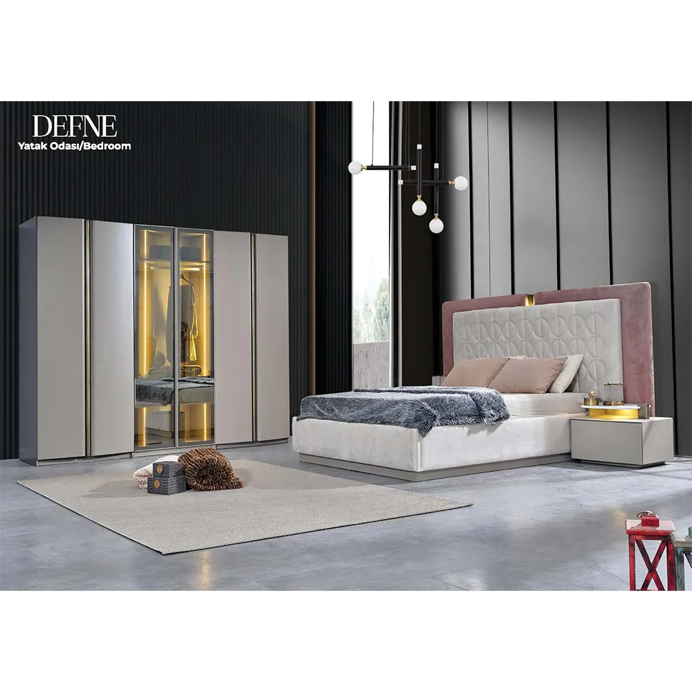 Italiaanse Luxe Turkse Moderne Europese Slaapkamer Meubelen Set Garderobe Minimaal Glanzend Roze Headborad Meuble Design Kingsize Bed