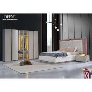 Conjunto de muebles de dormitorio europeo moderno turco de lujo italiano armario minimalista rosa brillante Headborad Meuble Design cama King Size