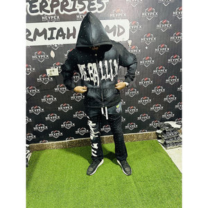 Conjunto de chándal bordado desgastado lavado ácido para hombre de la mejor oferta, sudadera con capucha y cremallera de alta calidad, pantalones de chándal Acampanados para invierno transpirable - Product Image 2