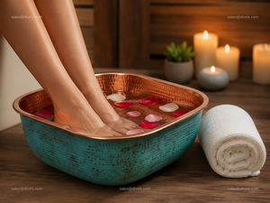 Handcrafted Copper Pedicure Bowl With Hammered Texture <b>Teal</b> Exterior For Spa Use - Product Image 2