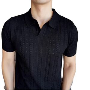 Polo pour homme tendance 2025, tricot rayé, manches courtes, t-shirt à col en V, couleur unie, haut élastique - Product Image 1