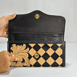 New Hot Selling Luxury Floral Tooled Checker Pattern <b>Long</b> Women <b>Wallet</b> Genuine Leather Cash Card Coin Travel Clutch Purse - Product Image 4