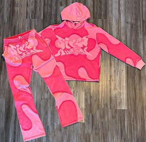 Custom High Quality Acid Wash 100% Cotton Streetwear Distressed Embroidered Patch Tracksuits Pullover Hoodie and <b>Sweatpants</b> <b>Set</b> - Product Image 2