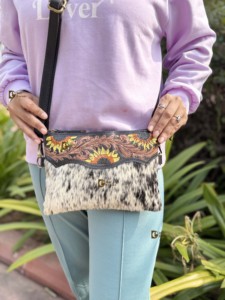 Cowhide Fur Leather Handbag Hand Tooled Carving Leather Sling <b>Bag</b> Gypsy Boho Handmade Western Stylish Multi Uses <b>Bags</b> - Product Image 5