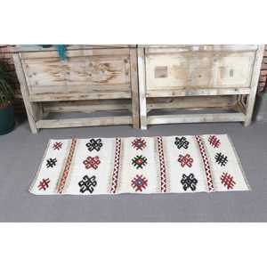 Alfombra de 1.8x4 pies, Alfombra Turca Vintage, Alfombra de Lana Kilim Blanca - Product Image 2