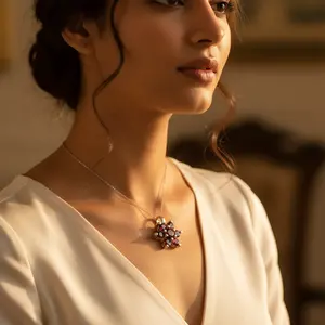 Colgante de Flor de Granate Rojo para Mujer en Plata con Baño de Oro Rosa, Platino y Rodio, Elegante Joya con Dije para Regalo - Product Image 2