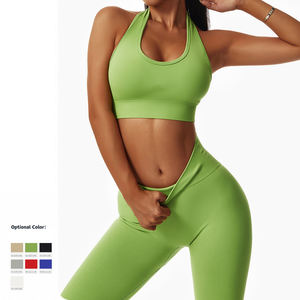 Conjuntos largos de 2 piezas de alta calidad para mujer, Sujetador deportivo de entrenamiento de gimnasio de melocotón para mujer, pantalones cortos, conjuntos de Yoga sin costuras acanalados para mujer - Product Image 5