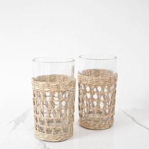 Verres à whisky en herbe de mer, verrerie enveloppée d'herbe de mer, tissage tressé, support en herbe de mer, vaisselle, cadeau - Product Image 2