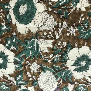 Tela de Algodón Estampada a Mano con Diseño Floral Tradicional Indio Mughal en Verde Azulado, Marrón y Marfil - Product Image 3
