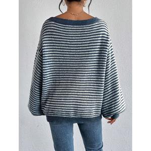 Pull en tricot ample à épaules tombantes rayé pour femme, style coréen décontracté - Product Image 2