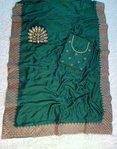 FIL À BRODERIE EN SOIE FANTAISIE SAREE DE TRAVAIL AVEC BLOUSE NON COUDU VERT - Product Image 3