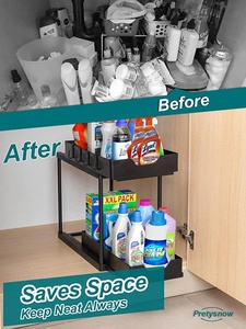 Organisateur <span class=keywords><strong>sous</strong></span> l'<span class=keywords><strong>évier</strong></span> en plastique noir à 2 niveaux pour la cuisine et la salle de bain, rangement coulissant pour armoire et étagère d'organisation - Product Image 3