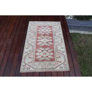 พรมตุรกีขนาดเล็ก 2.6x4.1 ฟุต พรมวินเทจ พรมลายตารางสีแดง - Product Image 1