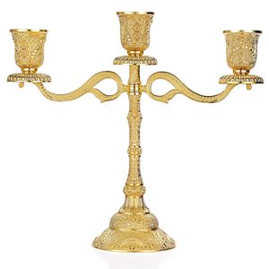 Gran oferta, producto de lujo, Metal, aluminio, decoración del hogar, decoración de boda, candelabros, 3 brazos, acabado dorado para Decoración de mesa - Product Image 1