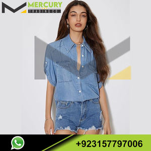 Chemises et shorts en jean pour femmes Tops boutonnés Chemise décontractée et ensemble court Ensembles denim vente chaude - Product Image 3