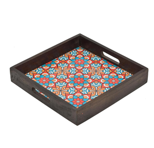 <b>Printed</b> Wooden Serving Tray Handmade Mango Wood Platter with Handles Square Tea Wood Plate Trays for Kitchen <b>Dining</b> Table - Product Image 3