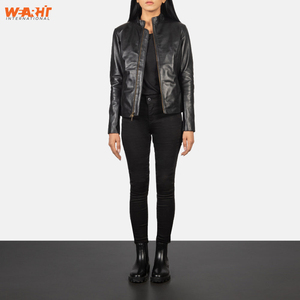 แจ็กเก็ตหนังวัวแท้สำหรับผู้หญิงเข้ารูปเสื้อโค้ทแฟชั่นสีดำย้อมสีล้วนมีซิป - Product Image 4