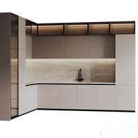Armoires de cuisine KEJIA de luxe sans poignées, gris mat, avec unités murales en verre cannelé pour appartement moderne
