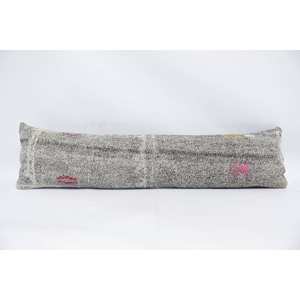 Almohada de lana gris con patrón de rayas sutiles de 12x48 pulgadas tejida en estilo Kantha Vintage bordado con diseño tejido intrincado - Product Image 1