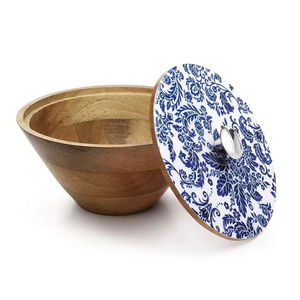 Ensaladera de madera decorativa hecha a mano de último diseño con cuenco impreso esmaltado para ensalada y servir comida hecha a mano personalizada - Product Image 4