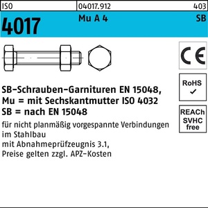 Perno Hexagonal ISO 4017 con Tuerca VG M20 X 60 A4-70 SB, 25 Piezas por Paquete - Product Image 1