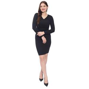 Vente chaude coton mélangé femmes moulante robe portefeuille Slim Fit col en V à manches longues au-dessus du genou tenue de fête - Product Image 3